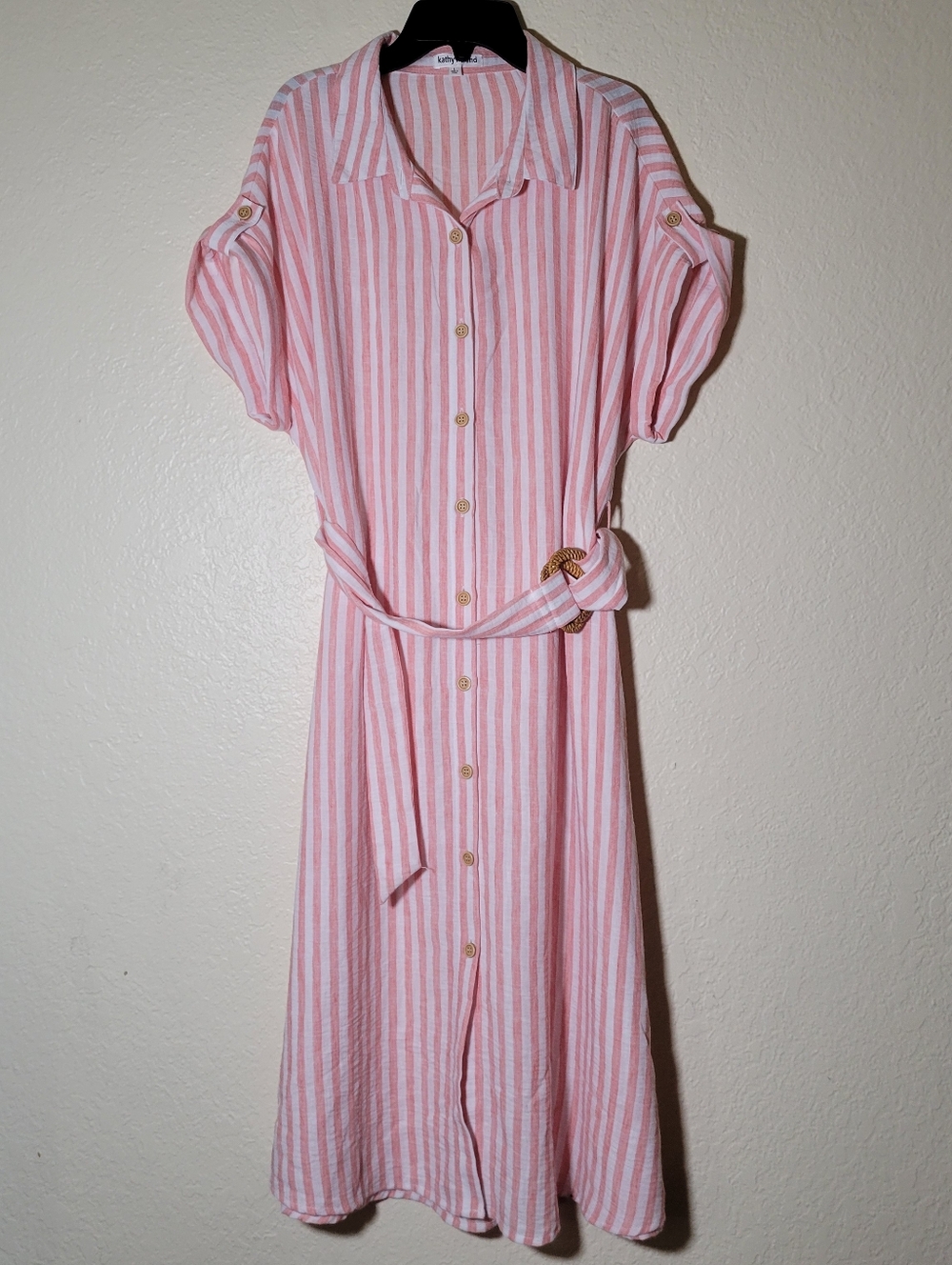Kathy Ireland | Striped Belted Midi Shirt Dress Coastal Preppy Modest Classic L - Picture 2 of 7
